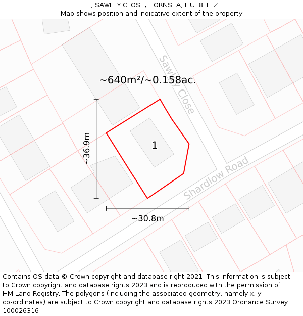 1, SAWLEY CLOSE, HORNSEA, HU18 1EZ: Plot and title map