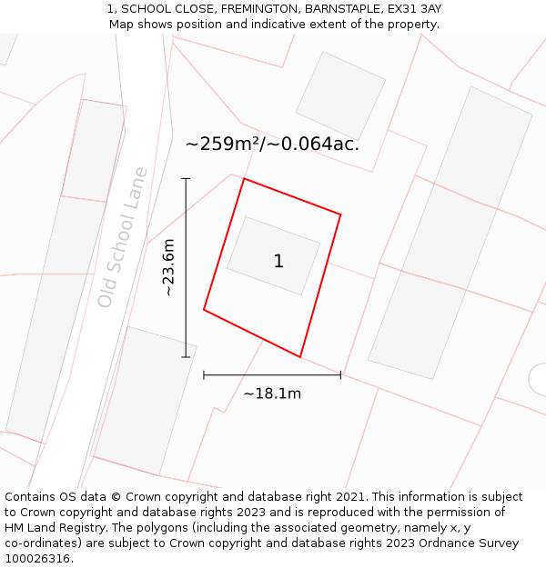 1, SCHOOL CLOSE, FREMINGTON, BARNSTAPLE, EX31 3AY: Plot and title map