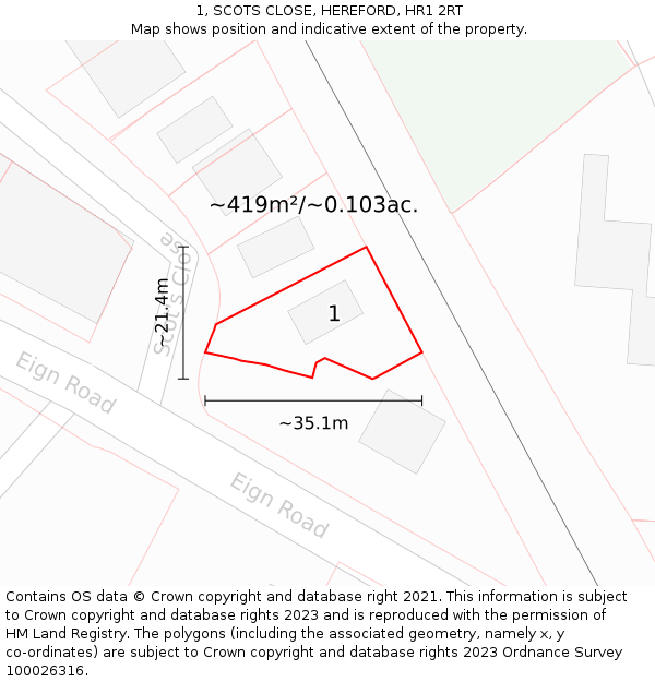 1, SCOTS CLOSE, HEREFORD, HR1 2RT: Plot and title map