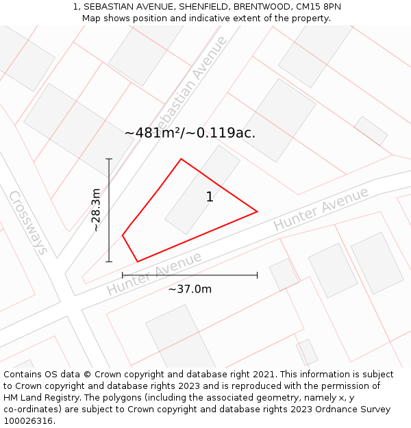 1, SEBASTIAN AVENUE, SHENFIELD, BRENTWOOD, CM15 8PN: Plot and title map