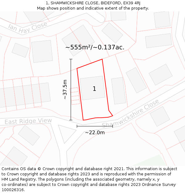 1, SHAMWICKSHIRE CLOSE, BIDEFORD, EX39 4RJ: Plot and title map