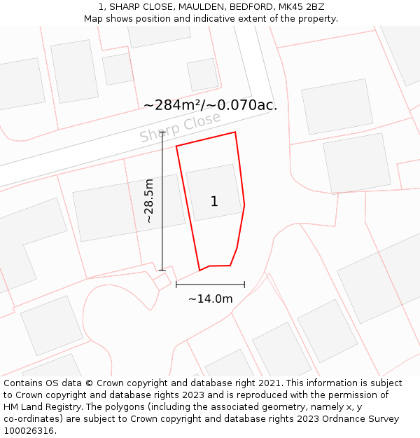 1, SHARP CLOSE, MAULDEN, BEDFORD, MK45 2BZ: Plot and title map