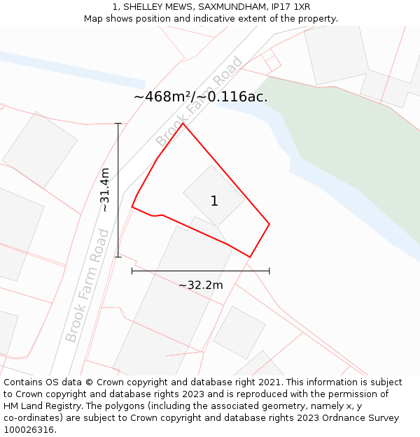 1, SHELLEY MEWS, SAXMUNDHAM, IP17 1XR: Plot and title map