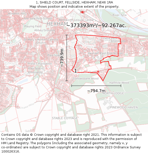 1, SHIELD COURT, FELLSIDE, HEXHAM, NE46 1RA: Plot and title map