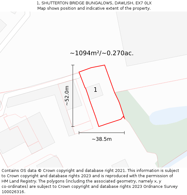 1, SHUTTERTON BRIDGE BUNGALOWS, DAWLISH, EX7 0LX: Plot and title map