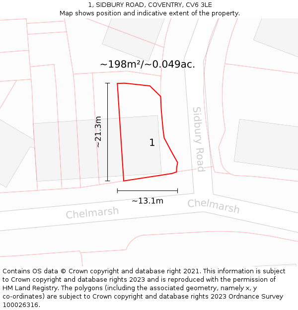 1, SIDBURY ROAD, COVENTRY, CV6 3LE: Plot and title map