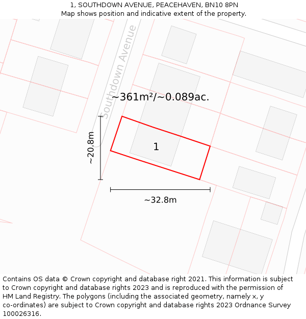 1, SOUTHDOWN AVENUE, PEACEHAVEN, BN10 8PN: Plot and title map