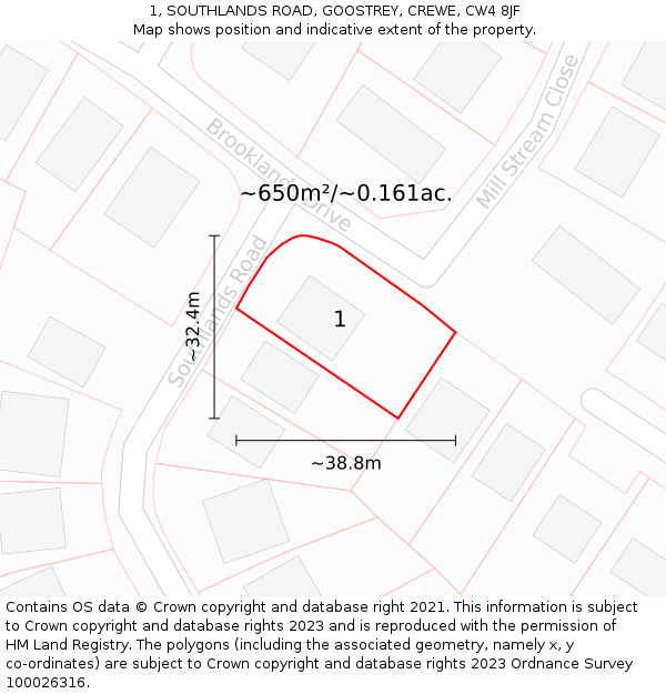 1, SOUTHLANDS ROAD, GOOSTREY, CREWE, CW4 8JF: Plot and title map