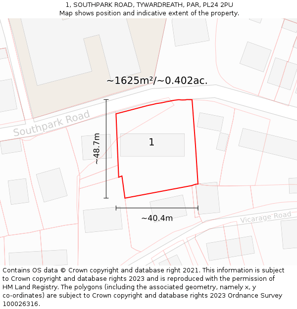 1, SOUTHPARK ROAD, TYWARDREATH, PAR, PL24 2PU: Plot and title map