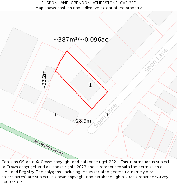 1, SPON LANE, GRENDON, ATHERSTONE, CV9 2PD: Plot and title map