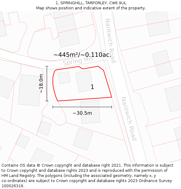 1, SPRINGHILL, TARPORLEY, CW6 9UL: Plot and title map