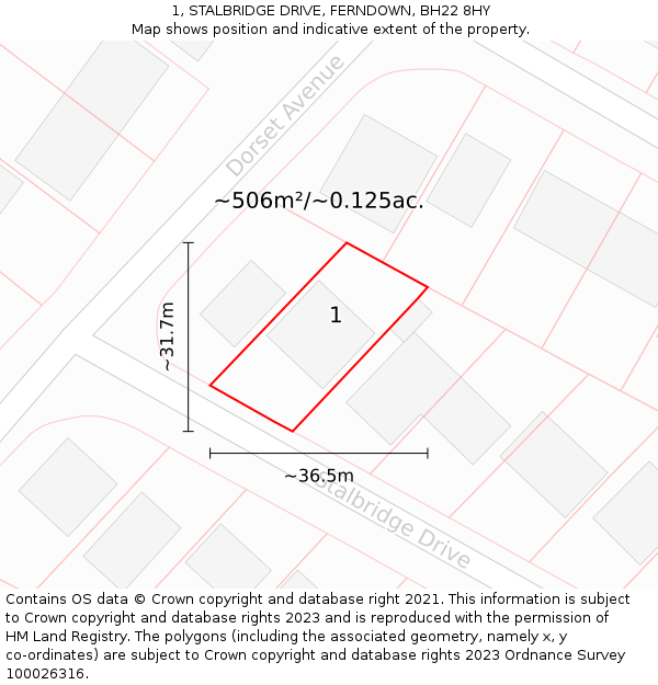 1, STALBRIDGE DRIVE, FERNDOWN, BH22 8HY: Plot and title map