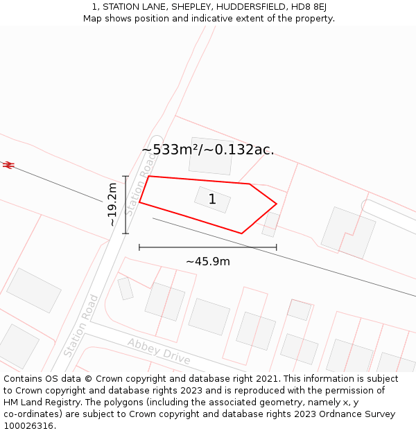 1, STATION LANE, SHEPLEY, HUDDERSFIELD, HD8 8EJ: Plot and title map