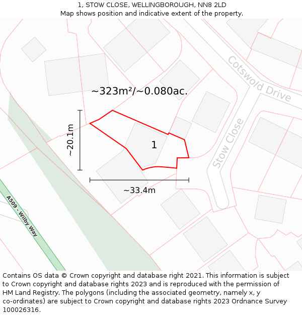 1, STOW CLOSE, WELLINGBOROUGH, NN8 2LD: Plot and title map