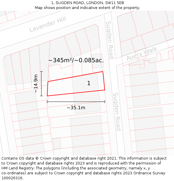 1, SUGDEN ROAD, LONDON, SW11 5EB: Plot and title map