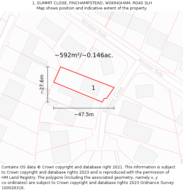 1, SUMMIT CLOSE, FINCHAMPSTEAD, WOKINGHAM, RG40 3LH: Plot and title map