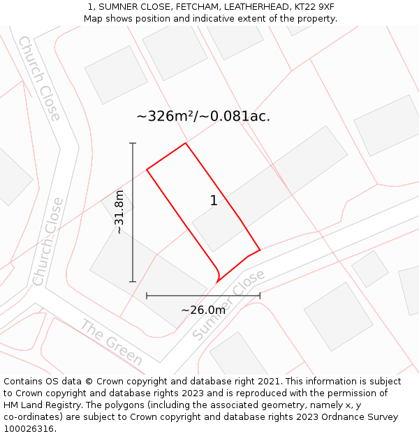 1, SUMNER CLOSE, FETCHAM, LEATHERHEAD, KT22 9XF: Plot and title map