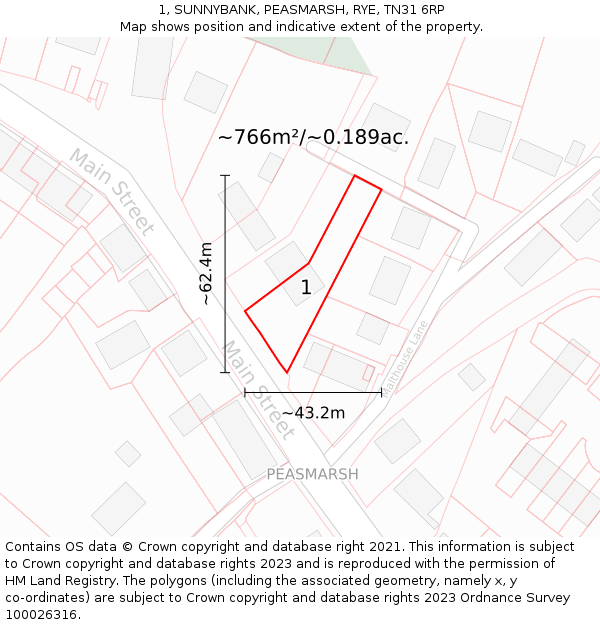 1, SUNNYBANK, PEASMARSH, RYE, TN31 6RP: Plot and title map