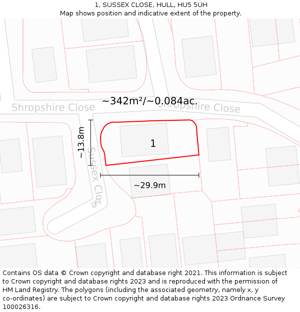 1, SUSSEX CLOSE, HULL, HU5 5UH: Plot and title map