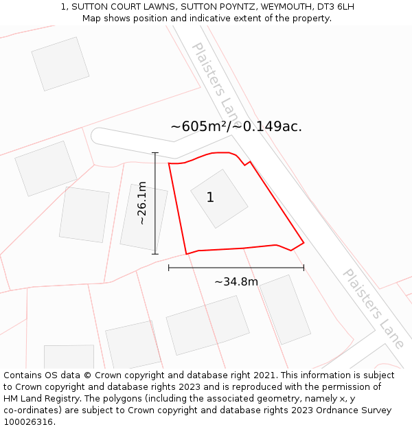 1, SUTTON COURT LAWNS, SUTTON POYNTZ, WEYMOUTH, DT3 6LH: Plot and title map