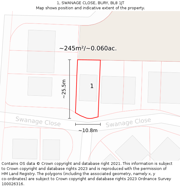 1, SWANAGE CLOSE, BURY, BL8 1JT: Plot and title map