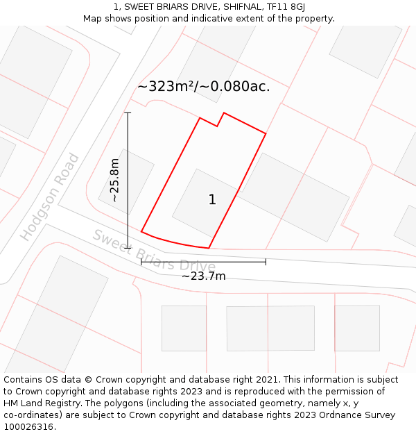 1, SWEET BRIARS DRIVE, SHIFNAL, TF11 8GJ: Plot and title map