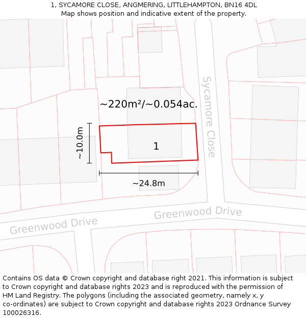 1, SYCAMORE CLOSE, ANGMERING, LITTLEHAMPTON, BN16 4DL: Plot and title map