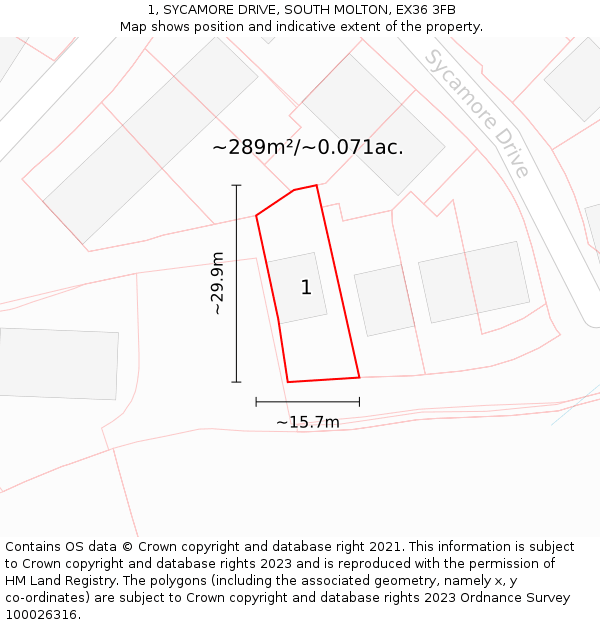 1, SYCAMORE DRIVE, SOUTH MOLTON, EX36 3FB: Plot and title map