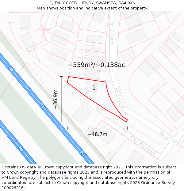 1, TAL Y COED, HENDY, SWANSEA, SA4 0XN: Plot and title map