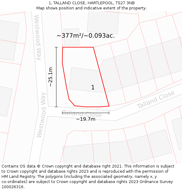 1, TALLAND CLOSE, HARTLEPOOL, TS27 3NB: Plot and title map