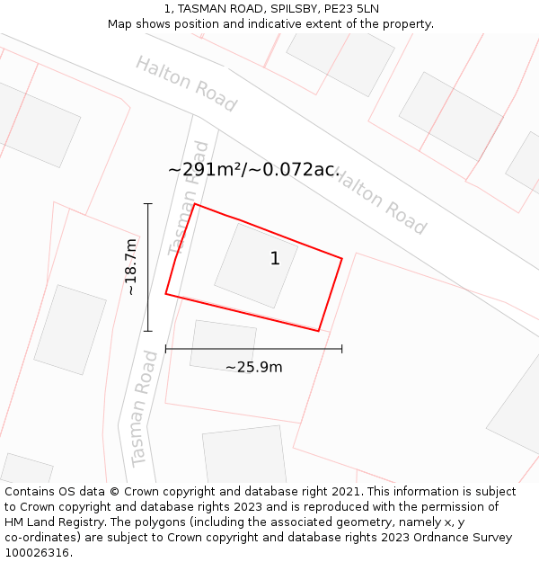 1, TASMAN ROAD, SPILSBY, PE23 5LN: Plot and title map