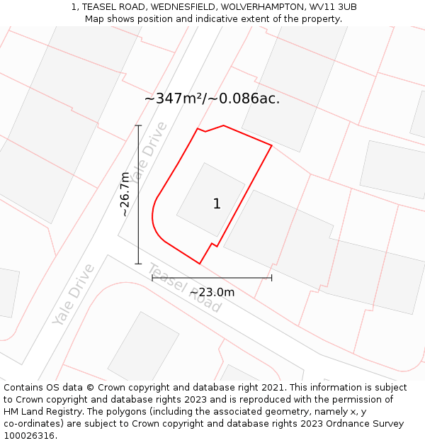 1, TEASEL ROAD, WEDNESFIELD, WOLVERHAMPTON, WV11 3UB: Plot and title map