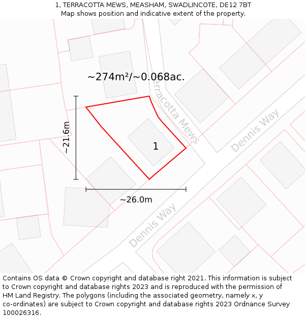 1, TERRACOTTA MEWS, MEASHAM, SWADLINCOTE, DE12 7BT: Plot and title map