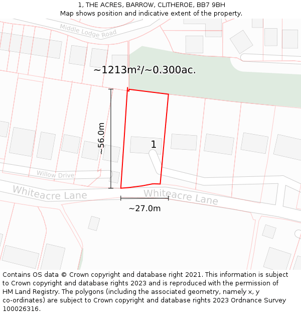 1, THE ACRES, BARROW, CLITHEROE, BB7 9BH: Plot and title map