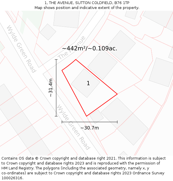 1, THE AVENUE, SUTTON COLDFIELD, B76 1TP: Plot and title map