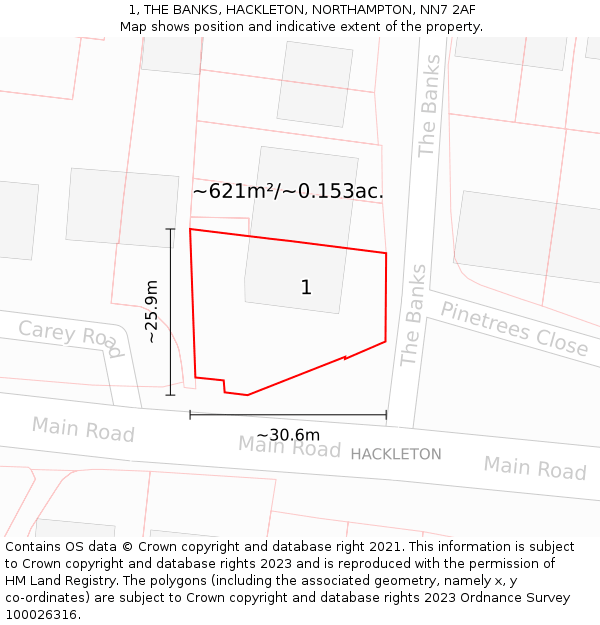 1, THE BANKS, HACKLETON, NORTHAMPTON, NN7 2AF: Plot and title map