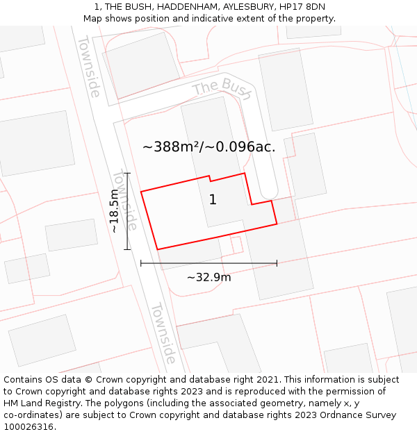 1, THE BUSH, HADDENHAM, AYLESBURY, HP17 8DN: Plot and title map