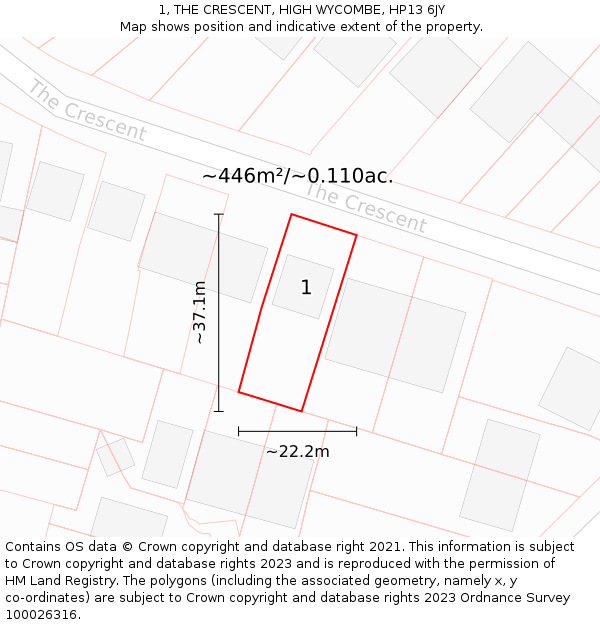 1, THE CRESCENT, HIGH WYCOMBE, HP13 6JY: Plot and title map