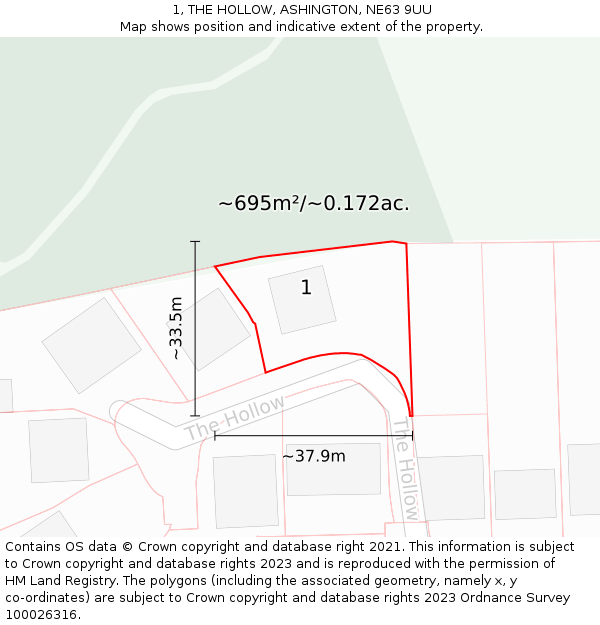 1, THE HOLLOW, ASHINGTON, NE63 9UU: Plot and title map