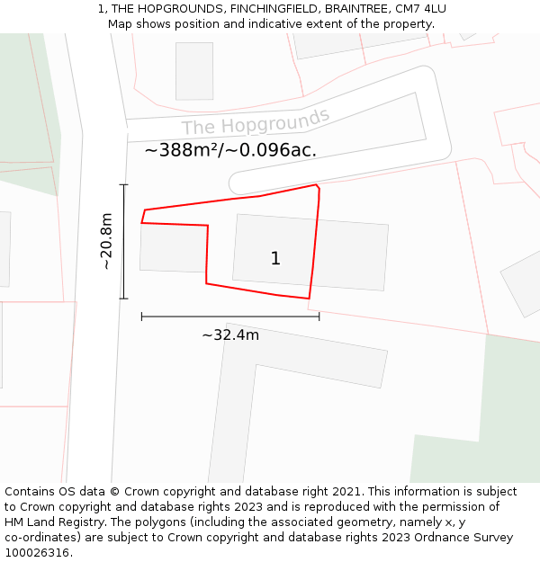 1, THE HOPGROUNDS, FINCHINGFIELD, BRAINTREE, CM7 4LU: Plot and title map