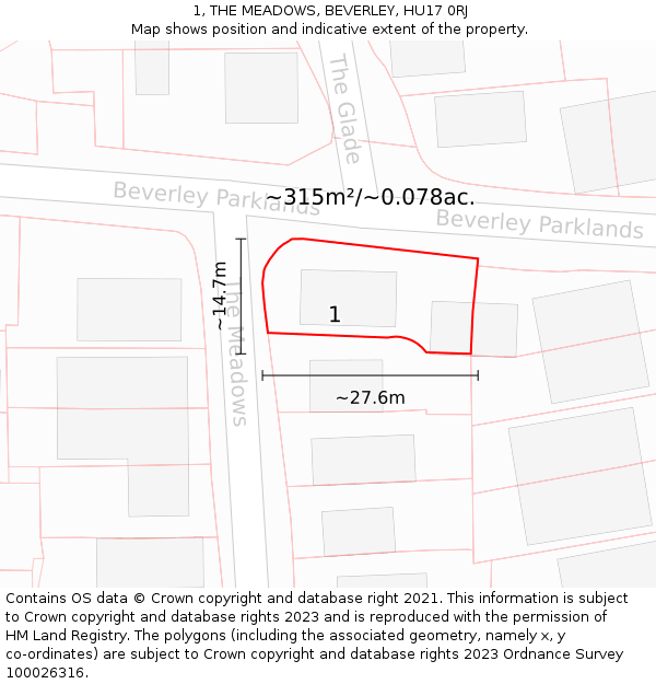 1, THE MEADOWS, BEVERLEY, HU17 0RJ: Plot and title map