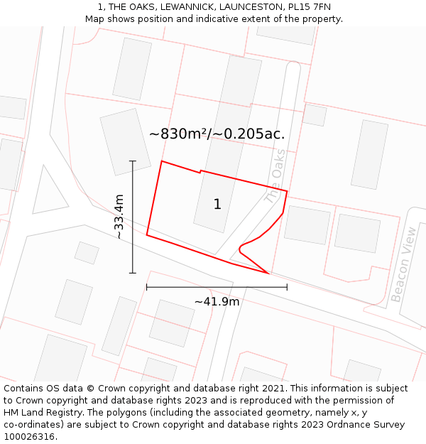 1, THE OAKS, LEWANNICK, LAUNCESTON, PL15 7FN: Plot and title map