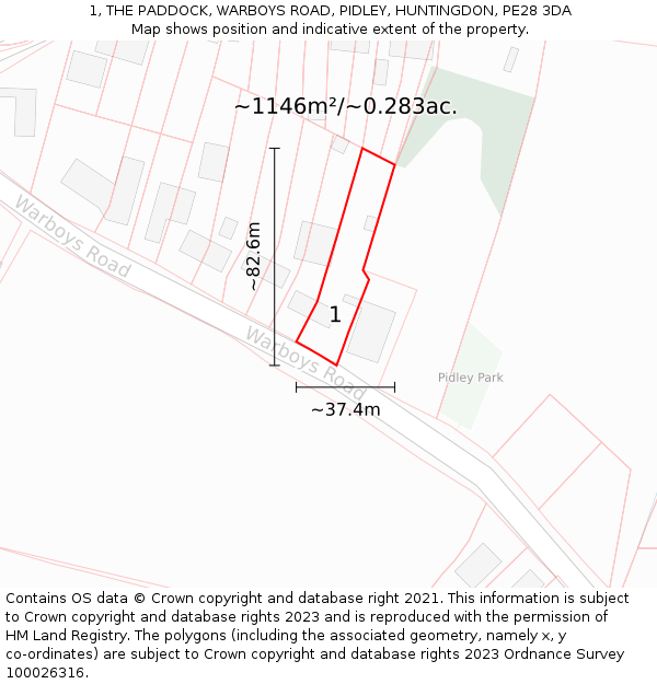 1, THE PADDOCK, WARBOYS ROAD, PIDLEY, HUNTINGDON, PE28 3DA: Plot and title map