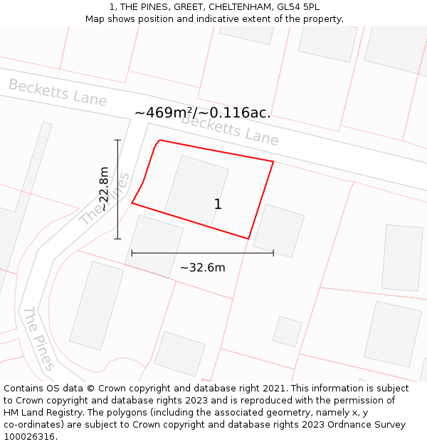 1, THE PINES, GREET, CHELTENHAM, GL54 5PL: Plot and title map