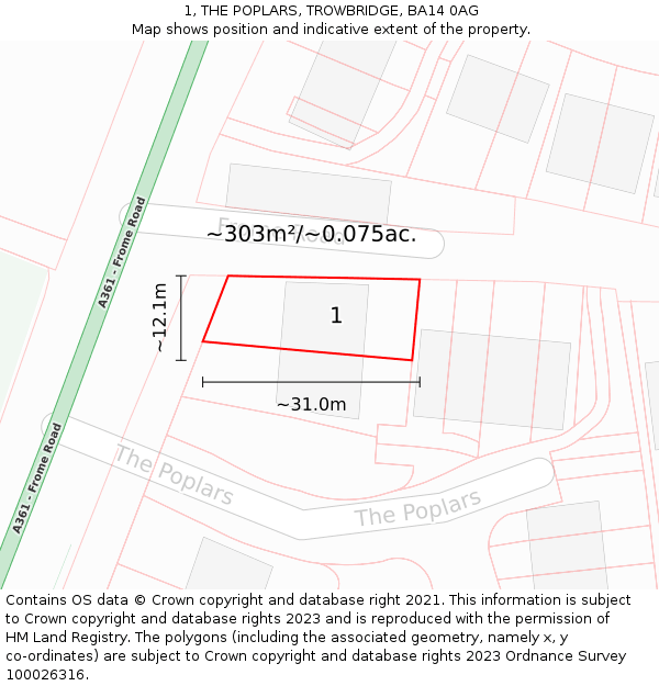 1, THE POPLARS, TROWBRIDGE, BA14 0AG: Plot and title map