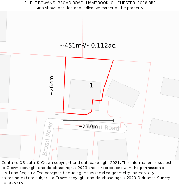 1, THE ROWANS, BROAD ROAD, HAMBROOK, CHICHESTER, PO18 8RF: Plot and title map