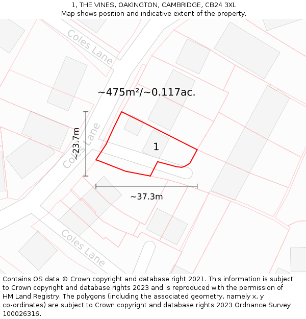 1, THE VINES, OAKINGTON, CAMBRIDGE, CB24 3XL: Plot and title map