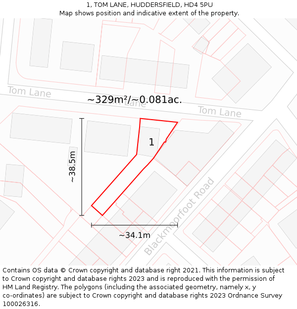 1, TOM LANE, HUDDERSFIELD, HD4 5PU: Plot and title map