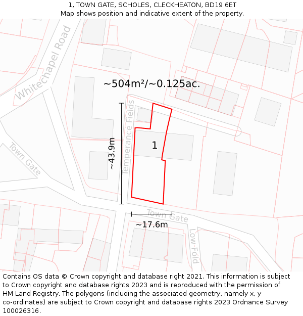 1, TOWN GATE, SCHOLES, CLECKHEATON, BD19 6ET: Plot and title map