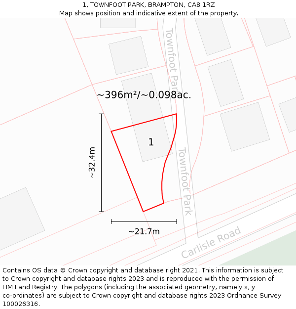 1, TOWNFOOT PARK, BRAMPTON, CA8 1RZ: Plot and title map